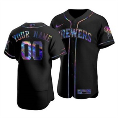 Milwaukee Brewers Custom Men's Nike Iridescent Holographic Collection MLB Jersey Black